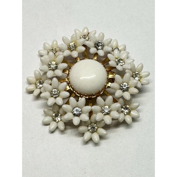 Vintage white rhinestone flower brooch pin